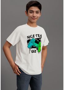 T-Shirt Kidsworld "Gamer-Druck: NICE TRY", Jungen, Gr. 140/146, wei&szlig;, Single Jersey, Obermaterial: 100% Baumwolle, bedruckt, Basic, Rundhals, Shirts T-Shirt, cooler Gamer-Print