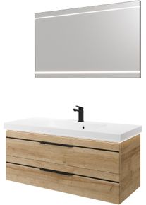 Badm&ouml;bel-Set SAPHIR "Balto 2-teilig Mineralmarmor-Waschtisch mit LED-Spiegel, 123 cm breit", braun (riviera eiche quer nachbildung mit schwarzer einlage), B:123cm H:200cm T:50,8cm, Holzwerkstoff, Kastenm&ouml;bel-Sets, Badm&ouml;bel-Set, Waschplatz mit 2 Schubladen, Badschrank inkl. Schubladend&auml;mpfer