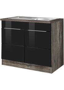 Sp&uuml;lenschrank KOCHSTATION "KS-Brindisi", schwarz (schwarz hochglanz, eiche vintage), B:100cm H:85cm T:60cm, Holzwerkstoff, MDF, Schr&auml;nke, Sp&uuml;lenschrank, 100 cm breit, inklusive Einbausp&uuml;le
