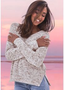 V-Ausschnitt-Pullover Buffalo, Damen, Gr. 52/54, braun, creme, Strick, Obermaterial: 100% Polyester, meliert, figurumspielend h&uuml;ftlang, tiefer V-Ausschnitt, Strickb&uuml;ndchen, Pullover V-Ausschnitt-Pullover, aus weichem Chenille, Strickpullover, kuschelig weich