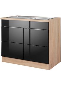 Sp&uuml;lenschrank KOCHSTATION "KS-Brindisi", schwarz (schwarz hochglanz, eichefarben), B:100cm H:85cm T:60cm, Holzwerkstoff, MDF, Schr&auml;nke, Sp&uuml;lenschrank, 100 cm breit, inklusive Einbausp&uuml;le