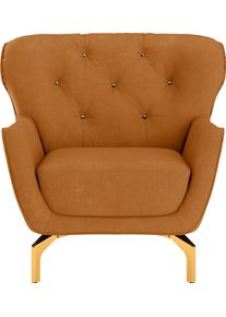 Sit & More Sessel SIT & MORE "Orient 3", gelb (mustard), B:90cm H:89cm T:88cm, 100% Polyester, Sessel, Sessel, inkl. 1 Zierkissen mit Strass-Stein, goldfarbene Metallf&uuml;&szlig;e