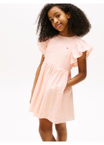 Sommerkleid Tommy Hilfiger "TEXTURED COTTON DRESS SS", M&auml;dchen, Gr. 14 (164), N-Gr, rosa (coral ice), Web, Obermaterial: 99% Baumwolle, 1% Elasthan, unifarben, normal, Rundhals, Fl&uuml;gel&auml;rmel abgesteppt, Kleider Sommerkleid, mit Fl&uuml;gel&auml;rmeln, mit Struktur
