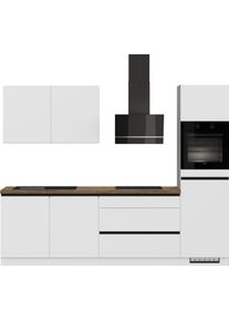 K&uuml;chenzeile IMPULS K&Uuml;CHEN "Dublin", Anti Fingerprint Oberfl&auml;che, Schubk&auml;sten mit Soft-Close", wei&szlig; (k&uuml;che: wei&szlig;, front: wei&szlig;, korpus: wei&szlig;, arbeitsplatte: oregon eiche, nachbildung), B:280cm H:222cm T:60cm, Komplettk&uuml;chen-Sets, K&uuml;chenzeile, vormontiert, wahlweise mit E-Ger&auml;ten, mit Vollauszug, Breite 280 cm