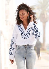 Langarmbluse Lascana, Damen, Gr. 52, wei&szlig;, blau, Web, Obermaterial: 58% Viskose, 28% Baumwolle, 14% Leinen, bestickt, unifarben, figurumspielend h&uuml;ftlang, V-Ausschnitt, mit innenliegendem Gummizug, Blusen Langarmbluse, mit aufwendiger Stickerei, Damenbluse, Tunika