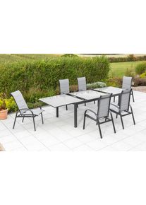 Garten-Essgruppe Merxx "Marini", grau, B:57cm H:110cm T:73cm, Aluminium, Polyester, Sitzm&ouml;bel-Sets, Garten-Essgruppe, 6 Klappsessel mit ausziehbarem Tisch