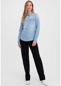 V&eacute;ro Moda Jeansbluse VERO MODA "VMMARIA LS DENIM SLIM SHIRT MIX NEW", Damen, Gr. M, blau (light blau denim), Denim/Jeans, Obermaterial: 100% Baumwolle, Abriebeffekte, unifarben, figurumspielend h&uuml;ftbedeckend, 1-Knopf-Manschette mit Schlitz, Blusen Jeansbluse