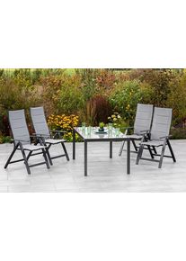 Garten-Essgruppe Merxx "Florenz", grau, B:63cm H:118cm T:73cm, Aluminium, Polyester, Sitzm&ouml;bel-Sets, Garten-Essgruppe, 4 Klappsessel mit Gartentisch