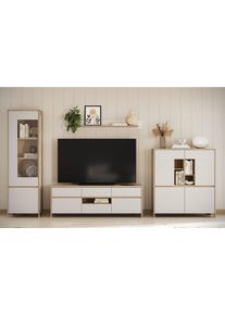 Wohnwand Home Affaire "Stranda, moderne Anbauwand, Komplettset im Scandi-Style", wei&szlig; (wei&szlig; skandi eiche), B:363cm H:195cm T:39cm, Holzwerkstoff, Kastenm&ouml;bel-Sets, Wohnwand, enth&auml;lt Vitrine, Lowboard, Highboard und Wandboard, 364 cm breit