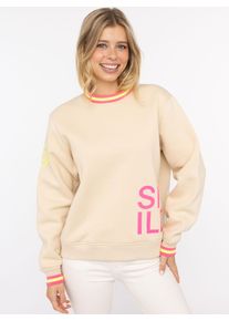 Sweatshirt Zwillingsherz "Alissa", Damen, Gr. S/M, beige, angeraute Sweatware, Obermaterial: 50% Baumwolle, 50% Polyester, unifarben mit Farbeins&auml;tzen, Rundhals, Sweatshirts Sweatshirt, mit SMILE PRINT, Kontrastb&uuml;ndchen, gesticktem Herz am Arm