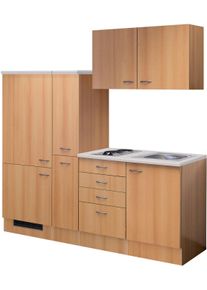 K&uuml;chenzeile Flex-Well "Nano", braun (k&uuml;che: braun, front: buche nachbildung, korpus: buche nachbildung, arbeitsplatte: rumba), B:190cm H:200cm T:60cm, Komplettk&uuml;chen-Sets, K&uuml;chenzeile, Gesamtbreite 190 cm, mit Apothekerschrank, mit Einbau-K&uuml;hlschrank etc.