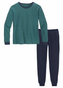 Pyjama Le Jogger, Jungen, Gr. 134/140, blau (petrol, marine), Jersey, Obermaterial: 100% Baumwolle, gestreift, Basic, normal lang, Rundhals, angesetztes B&uuml;ndchen, Homewear-Sets Pyjama, Schlafanzug mit zweifarbig gestreiftem Oberteil, Topseller
