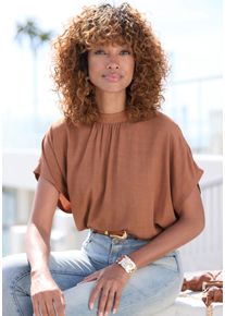 Kurzarmbluse Lascana, Damen, Gr. 48, braun (nougat), Web, Obermaterial: 100% Viskose, unifarben, figurumspielend h&uuml;ftlang, weit, Blusen Kurzarmbluse, in lockerer Passform, Damenbluse, sportlich elegant
