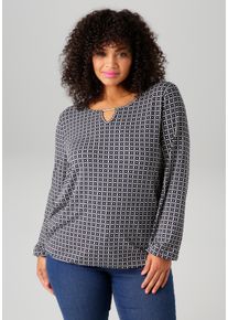 Langarmshirt ANISTON PLUS, Damen, Gr. 54, schwarz-wei&szlig; (schwarz, wei&szlig;), Single Jersey, Obermaterial: 95% Viskose, 5% Elasthan, bedruckt, gemustert, figurumspielend Po-bedeckend, Rundhals, elastischer Bund mit Gummizug, Shirts Langarmshirt, mit grafischem Alloverdruck