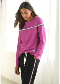 H.I.S. Sweater H.I.S, Damen, Gr. 44/46, lila (beere), Sweatware, Obermaterial: 77% Baumwolle, 20% Polyester, 3% Elasthan, kontrastfarbene Details, unifarben mit Farbeinsatz, Basic, Basic normal, Rundhals, breiter Bund, Sweatshirts Sweater, mit kontrastfarbigem Tape, Loungeanzug