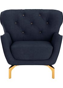 Sit & More Sessel SIT & MORE "Orient 3", blau (dunkelblau), B:90cm H:89cm T:88cm, 100% Polyester, Sessel, Sessel, inkl. 1 Zierkissen mit Strass-Stein, goldfarbene Metallf&uuml;&szlig;e