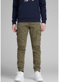 Jack & Jones Cargohose JACK & JONES JUNIOR "JPSTPAUL JJFLAKE AKM 542 OLIVE NOOS JNR", Jungen, Gr. 140, N-Gr, gr&uuml;n (olive night), Web, Obermaterial: 98% Baumwolle, 2% Elasthan, unifarben, slim fit lang, Hosen Cargohose