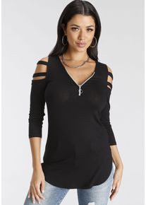 3/4-Arm-Shirt Melrose, Damen, Gr. 44, schwarz, Jersey, Obermaterial: 95% Viskose, 5% Elasthan, unifarben, figurbetont lang, tiefer V-Ausschnitt, mit Cut Outs, Shirts 3/4-Arm-Shirt, 3/4-&Auml;rmel, figurbetonte Passform, mit modischen Cut-Outs