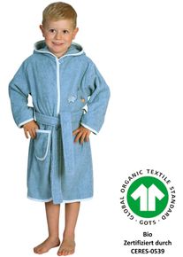 W&ouml;rner Kinderbademantel W&Ouml;RNER "Dinofamilie" Gr. 86, stahlblau, 86/92, Baumwolle, Hausm&auml;ntel, Kinderbademantel, Biobaumwolle, mit Stickerei, mit Tasche