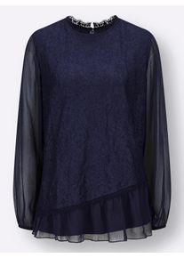 Dames Kanten blouse in laagjeslook in marine ,maat 36, WITT, 100% Polyester. Kant: 70% Katoen, 30% Polyamide
