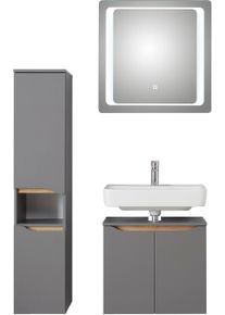 Badm&ouml;bel-Set SAPHIR "Quickset 3-teilig, Waschbeckenunterschrank mit LED-Spiegel", grau (quarzgrau matt touch, quarzgrau matt, akzent riviera eiche quer nb), Kastenm&ouml;bel-Sets, Badm&ouml;bel-Set, mit Midischrank, inkl. T&uuml;rd&auml;mpfer, 4 T&uuml;ren, 1 Nische, Bad-Set