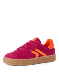 Plateausneaker Tamaris, Damen, Gr. 39, Textil, pink, neonorange, Glattleder, Veloursleder, Fischgratmuster, unifarben mit Farbeinsatz, Schuhe Plateausneaker, Freizeitschuh, Halbschuh, Schn&uuml;rschuh im Retro-Look