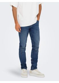 Only & Sons Slim-fit-Jeans ONLY & SONS "ONSLOOM SLIM 5748 EY BOX JEANS MU", Herren, Gr. 32, L&auml;nge 34, medium blau denim, Denim/Jeans, Obermaterial: 65% Baumwolle, 18% Polyester, 15% Viskose, 2% Elasthan, Abriebeffekte, slim fit lang, Jeans Slim-fit-Jeans, Baumwollmischung, slim fit