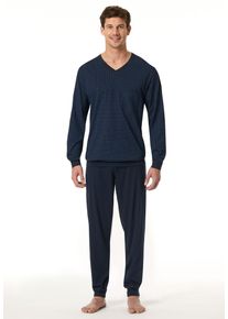 Pyjama Schiesser "Comfort Essentials", Herren, Gr. 52, blau (804, blau), Single Jersey, Obermaterial: 100% Baumwolle, bequem lang, V-Ausschnitt, Homewear-Sets Pyjama, V-Ausschnitt, Brusttasche, Baumwolle, Langarm