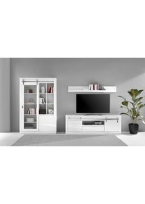 Wohnwand Home Affaire "Daytona, moderne Anbauwand, Wohnzimmer-Set in Wei&szlig; Hochglanz", wei&szlig; (wei&szlig;, wei&szlig; hochglanz), B:349cm H:200cm T:43cm, Holzwerkstoff, Kastenm&ouml;bel-Sets, Wohnwand, enth&auml;lt Vitrine, Lowboard + Wandboard, 349 cm breit
