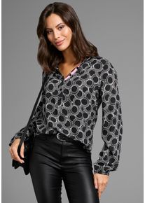 Longbluse Laura Scott, Damen, Gr. 46, schwarz (schwarz, gemustert), Web, Obermaterial: 100% Viskose, gemustert, kontrastfarbene Details, h&uuml;ftbedeckend, V-Ausschnitt, elastischer Bund, Blusen Longbluse, mit Kontrasttape - NEUE KOLLEKTION