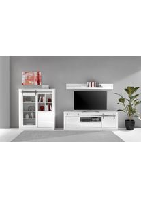 Wohnwand Home Affaire "Daytona, moderne Anbauwand, Wohnzimmer-Set in Wei&szlig; Hochglanz", wei&szlig; (wei&szlig;, wei&szlig; hochglanz), B:349cm H:170cm T:43cm, Holzwerkstoff, Kastenm&ouml;bel-Sets, Wohnwand, enth&auml;lt Vitrine, Lowboard + Wandboard, 349 cm breit