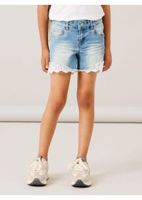 Jeansshorts name it "NKFSALLI SLIM DNM SHORTS", M&auml;dchen, Gr. 158, N-Gr, blau (medium, blau), Denim/Jeans, Obermaterial: 70% Baumwolle, 28% Polyester, 2% Elasthan, Abriebeffekte, kontrastfarbene Details, unifarben, kurz, Jeans Jeansshorts, Baumwollmischung
