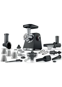 Bosch Fleischwolf "Serie 6 MFWS682B, 3,5kg/Min., Zitruspresse, Raspel, Wurststopfer", schwarz, B:20cm H:24,7cm T:24cm, Zerkleinerer, 2 Lochscheiben (3&8mm), 10 J Motorgarantie, Planetengetriebe, schwarz, Fleischwolf