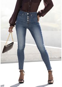 High-waist-Jeans Lascana, Damen, Gr. 46, N-Gr, blau (blau washed), Denim/Jeans, Obermaterial: 74% Baumwolle, 24% Polyester, 2% Elasthan, figurbetont kn&ouml;chellang, Jeans High-waist-Jeans, mit sichtbarer Knopfleiste und Stretch-Anteil, Skinny, High Waist
