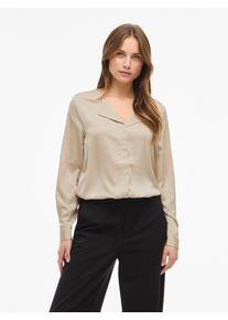 Hemdbluse Vila "VIELLETTE V-NECK L/S SATIN SHIRT - NOOS", Damen, Gr. 36, beige (cement), Obermaterial: 100% Polyester, unifarben, regular fit normal, Blusen Hemdbluse