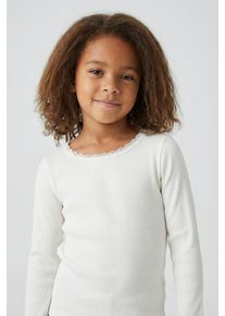 Langarmshirt name it "NMFKAB LS TOP NOOS", M&auml;dchen, Gr. 122/128, cloud dancer, Feinripp, Obermaterial: 57% Baumwolle, 38% Modal, 5% Elasthan, unifarben, regular fit h&uuml;ftbedeckend, Rundhals, abgesteppte Kante, Shirts Langarmshirt, in Feinripp und mit s&uuml;&szlig;er Spitzenkante am Ausschnitt