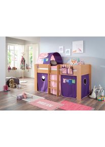 Hochbett Relita "Andi", rosa (buche dekor natur rosa, violett), H:107cm, Spanplatte: Buche Nachbildung Melamin natur;Stoff: 100% Baumwolle (bei 30 C waschbar), Hochbetten, Hochbett, mit Rolllattenrost, Textil-Set und Leiter, pflegel. Dekor Oberfl&auml;che