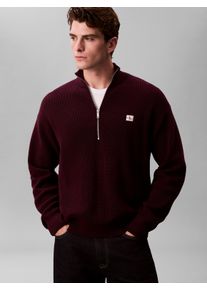 Strickpullover Calvin Klein Jeans, Herren, Gr. M, rot (passion plum), Rippstrick, Obermaterial: 100% Baumwolle, unifarben, regular fit normal, hoch geschlossener Ausschnitt, eingesetzt B&uuml;ndchen, Pullover Strickpullover, Troyerkragen mit Rei&szlig;verschluss, Regular Fit