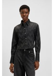 Hemdbluse BOSS Orange "SHIRT LS 1.0 Premium Damenmode", Damen, Gr. L (40), schwarz (schwarz 002), Denim/Jeans, Obermaterial: 100% Baumwolle, gemustert, regular fit h&uuml;ftlang, 1-Knopf-Manschette, Blusen Hemdbluse, in verk&uuml;rzter L&auml;nge, mit Lasertextur