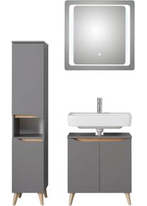 Badm&ouml;bel-Set SAPHIR "Quickset 3-teilig, Waschbeckenunterschrank mit LED-Spiegel", grau (quarzgrau matt touch, quarzgrau matt, akzent riviera eiche quer nb), Kastenm&ouml;bel-Sets, Badm&ouml;bel-Set, mit Midischrank, inkl. T&uuml;rd&auml;mpfer, 4 T&uuml;ren, 1 Nische, Bad-Set