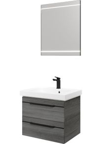 Badm&ouml;bel-Set SAPHIR "Balto 2-teilig Mineralmarmor-Waschtisch mit LED-Spiegel, Waschplatz", grau (graphit struktur quer nachbildung mit schwarzer einlage), B:64,4cm H:200cm T:46cm, Holzwerkstoff, Kastenm&ouml;bel-Sets, Badm&ouml;bel-Set, 64,4 cm breit, mit 2 Schubladen, Badschrank inkl. Schubladend&auml;mpfer