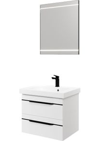 Badm&ouml;bel-Set SAPHIR "Balto 2-teilig Mineralmarmor-Waschtisch mit LED-Spiegel, Waschplatz", wei&szlig; (wei&szlig; hochglanz mit schwarzer einlage), B:64,4cm H:200cm T:46cm, Holzwerkstoff, Kastenm&ouml;bel-Sets, Badm&ouml;bel-Set, 64,4 cm breit, mit 2 Schubladen, Badschrank inkl. Schubladend&auml;mpfer