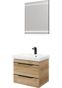 Badm&ouml;bel-Set SAPHIR "Balto 2-teilig Mineralmarmor-Waschtisch mit LED-Spiegel, Waschplatz", braun (riviera eiche quer nachbildung mit schwarzer einlage), B:64,4cm H:200cm T:46cm, Holzwerkstoff, Kastenm&ouml;bel-Sets, Badm&ouml;bel-Set, 64,4 cm breit, mit 2 Schubladen, Badschrank inkl. Schubladend&auml;mpfer