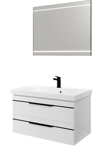 Badm&ouml;bel-Set SAPHIR "Balto 2-teilig Mineralmarmor-Waschtisch mit LED-Spiegel, Waschplatz", wei&szlig; (wei&szlig; hochglanz mit schwarzer einlage), B:92cm H:200cm T:50,8cm, Holzwerkstoff, Kastenm&ouml;bel-Sets, Badm&ouml;bel-Set, 92 cm breit, mit 2 Schubladen, Badschrank inkl. Schubladend&auml;mpfer
