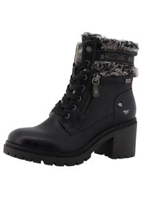 Winterstiefelette Mustang Shoes "Leila", Damen, Gr. 39, schwarz, Lederimitat, Textil, Schuhe Winterstiefelette, Winterstiefel mit Kunstfellkragen und Blockabsatz