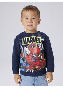 Sweatshirt name it "NMMDION SPIDER NREG SWEAT UNB NOOS MAR", Jungen, Gr. 116, blau (navy blazer), Sweatware, Obermaterial: 95% Baumwolle, 5% Elasthan, Basic h&uuml;ftlang, Rundhals, Rippb&uuml;ndchen, Sweatshirts Sweatshirt