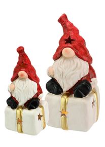 Dekofigur I.GE.A. "Wichtel auf Geschenk", rot (wei&szlig;, rot), B:6cm H:13cm, Terrakotta, Dekofiguren, Dekofigur, Mit LED 2er Set Weihnachtsdeko Kunstfigur Deko Statue Skulptur