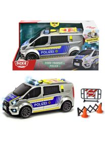 Spielzeug-Transporter DICKIE TOYS "Ford Transit Police", silber (silber, blau), Spielzeugfahrzeuge, KinderT:28cm, Kunststoff, Spielzeug-Transporter, mit Licht und Sound, T:28cm