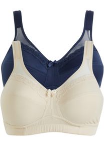 Entlastungs-BH bonprix, Damen, Gr. 105, Cup E, beige (sandbeige, dunkelblau), Obermaterial: 86% Polyamid, 14% Elasthan. Futter: 100% Baumwolle. Spitze: 87% Polyamid, 13% Elasthan, unifarben, BHs Entlastungs-BH, im praktischen 2er-Pack, mit breiten, gepolsterten Tr&auml;gern