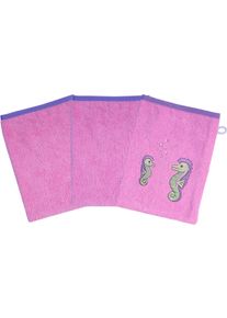 W&ouml;rner Waschhandschuh W&Ouml;RNER "Seepferdchen", flieder, B:15cm L:21cm, Frottee, Handt&uuml;cher, Waschhandschuh, 3er-Set, mit Stickerei